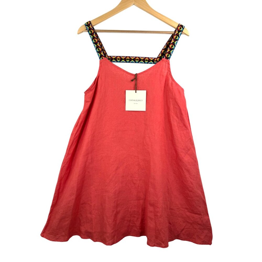 Cynthia Rowley Coral Linen tunic Dress Embroidered Straps beach Size M‎